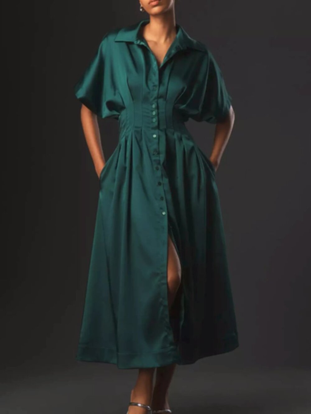 Exquise Anthropilogie Tobie Satin Button-Front Shirt Dress